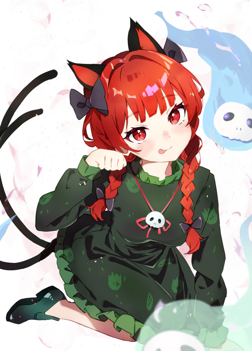 1girl animal_ears black_bow black_tail blunt_bangs bow braid breasts cat_ears cat_tail chikuzen1996 commentary_request dress frilled_dress frills green_dress hair_bow highres jewelry kaenbyou_rin kneeling long_hair long_sleeves medium_breasts necklace red_eyes red_hair simple_background skull_necklace tail tongue tongue_out touhou twin_braids white_background