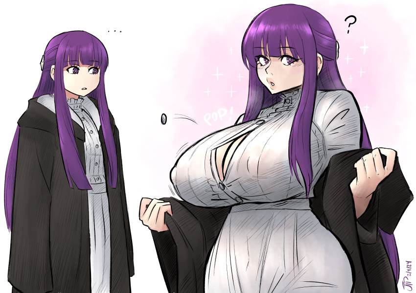 1girl absurdres alternate_breast_size blunt_bangs breasts bursting_breasts button_gap cleavage covered_nipples dress expectations/reality fern_(sousou_no_frieren) flying_button highres huge_breasts long_hair long_sleeves meme nipples popped_button puckered_lips purple_eyes purple_hair sidelocks sousou_no_frieren thick_thighs thighs time_paradox truth videajames white_dress wide_hips