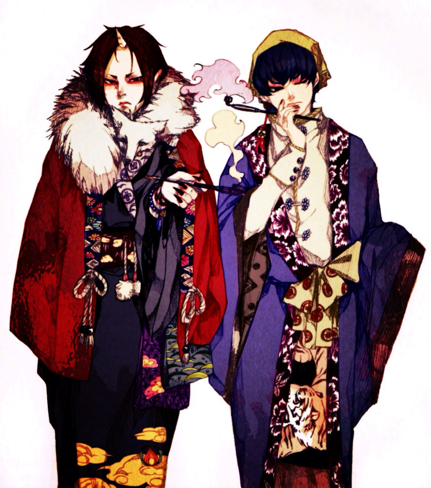 2boys black_eyes black_hair black_kimono black_nails bracelet closed_mouth cloud_print collared_shirt eyeshadow feet_out_of_frame fingernails frown fur-trimmed_jacket fur_trim green_hat hakutaku_(hoozuki_no_reitetsu) hand_on_own_chin haori head_scarf highres hk_(aoisuperstar) holding holding_smoking_pipe hoozuki_(hoozuki_no_reitetsu) hoozuki_no_reitetsu horns jacket japanese_clothes jewelry kimono light_frown long_sleeves looking_at_viewer makeup male_focus multiple_boys one_eye_closed pointy_ears purple_jacket purple_sleeves red_eyeshadow red_jacket red_sleeves shirt short_hair simple_background single_horn smoke smoking_pipe white_background white_horns white_shirt wide_sleeves