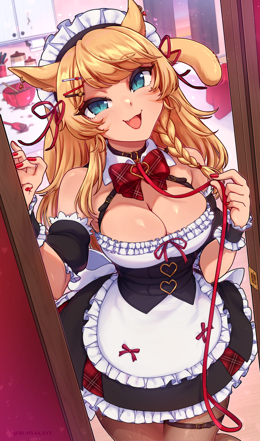 1girl animal_ears black_pantyhose blonde_hair blue_eyes bow braid breasts cat_ears cat_girl cat_tail cleavage collar commentary detached_collar detached_sleeves diamond-shaped_pupils diamond_(shape) earrings english_commentary facial_mark fang final_fantasy final_fantasy_xiv heart heart_earrings highres jewelry kaiyoko_star large_breasts leash long_hair looking_at_viewer maid maid_headdress merunyaa miqo'te mole mole_under_eye open_mouth pantyhose plaid plaid_bow solo symbol-shaped_pupils tail warrior_of_light_(ff14) whisker_markings wrist_cuffs