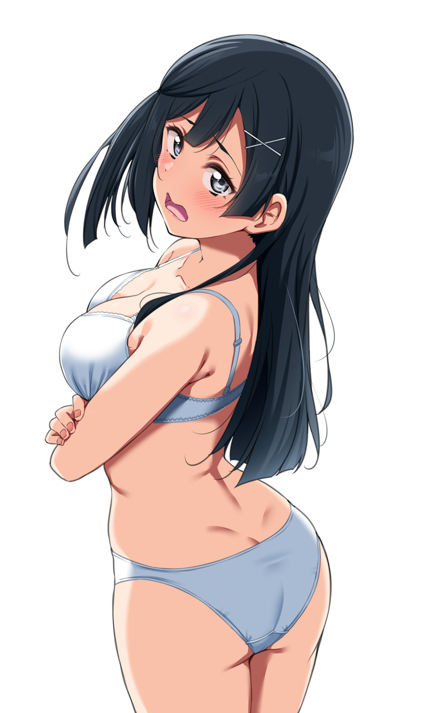 1girl absurdres arms_under_breasts ass black_hair blush bra breasts butt_crack commentary_request dimples_of_venus embarrassed fingernails grey_eyes hair_ornament highres large_breasts long_hair looking_at_viewer love_live! love_live!_nijigasaki_high_school_idol_club open_mouth panties simple_background solo standing underwear underwear_only wavy_mouth white_background white_bra white_panties x_hair_ornament yopparai_oni yuki_setsuna_(love_live!)