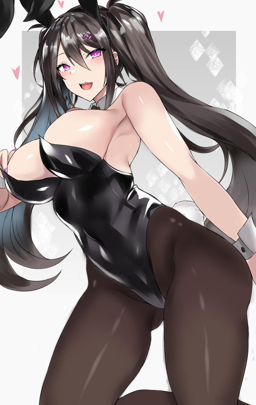 1girl animal_ears bare_shoulders black_hair black_leotard breasts bunny_ears covered_navel detached_collar farys_(afopahqfw) hair_between_eyes hair_ornament hairclip hand_on_own_chest highres large_breasts leotard long_hair looking_at_viewer nail_polish open_mouth original pantyhose pink_eyes playboy_bunny playboy_bunny_leotard sharp_teeth teeth twintails upper_teeth wrist_cuffs yuuki_nanase