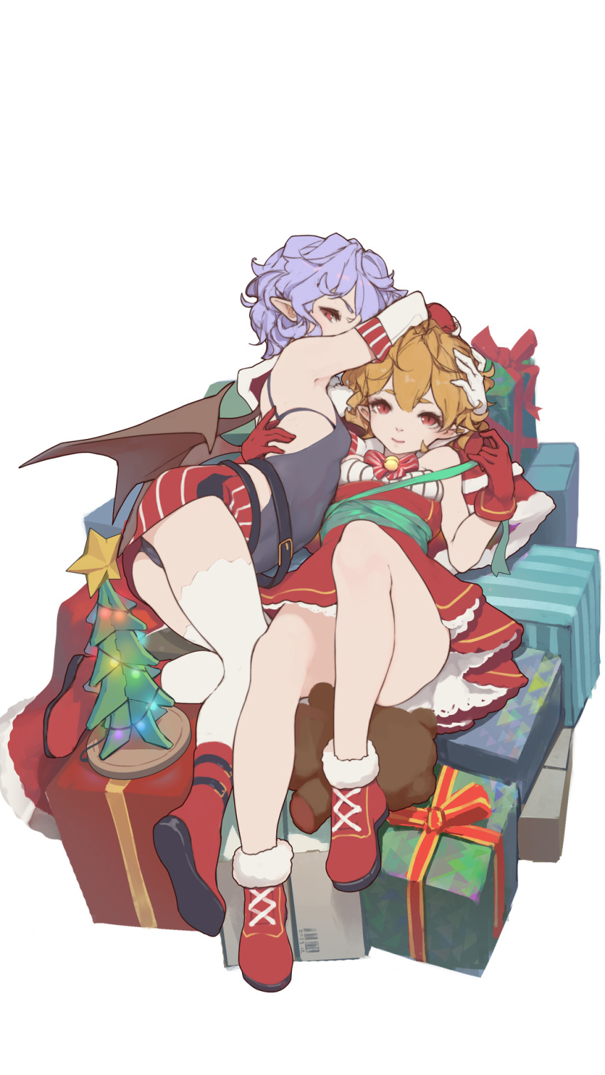 2girls ass atk7 bare_shoulders bat_wings bell belt black_leotard blonde_hair blue_hair boots bow bowtie bra_strap christmas_lights christmas_ornaments christmas_tree commentary dress elbow_gloves fur-trimmed_boots fur_trim gift gloves hair_between_eyes hand_on_another's_face hand_on_another's_head highres jingle_bell knee_up leotard looking_at_viewer looking_back lying multiple_girls on_back original pointy_ears red_bow red_dress red_eyes red_footwear red_gloves red_ribbon red_skirt ribbon short_hair simple_background skirt slit_pupils striped striped_bow striped_skirt stuffed_animal stuffed_toy teddy_bear thick_eyebrows thighhighs white_background white_gloves white_legwear wings