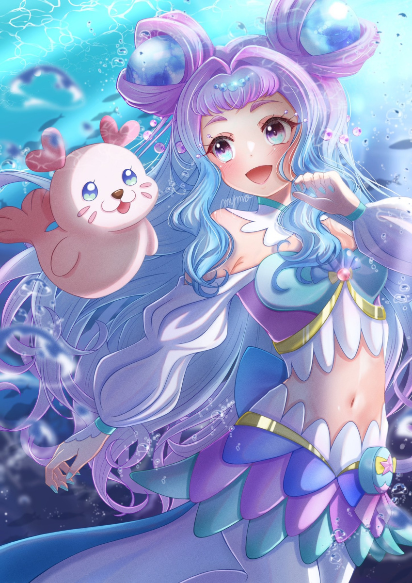 1girl air_bubble artist_name back_bow blue_bow blue_eyes blue_hair bow bubble clothing_cutout colored_skin cure_la_mer eyelash_ornament gradient_hair hair_intakes highres kururun_(precure) laura_la_mer long_hair long_sleeves looking_at_another magical_girl mermaid midriff monster_girl multicolored_eyes multicolored_hair multicolored_shirt multicolored_skin mymo0527 navel open_mouth pantyhose pearl_hair_ornament pink_eyes pink_hair pouch precure shoulder_cutout signature smile solo sunlight swimming tropical-rouge!_precure underwater very_long_hair water white_pantyhose