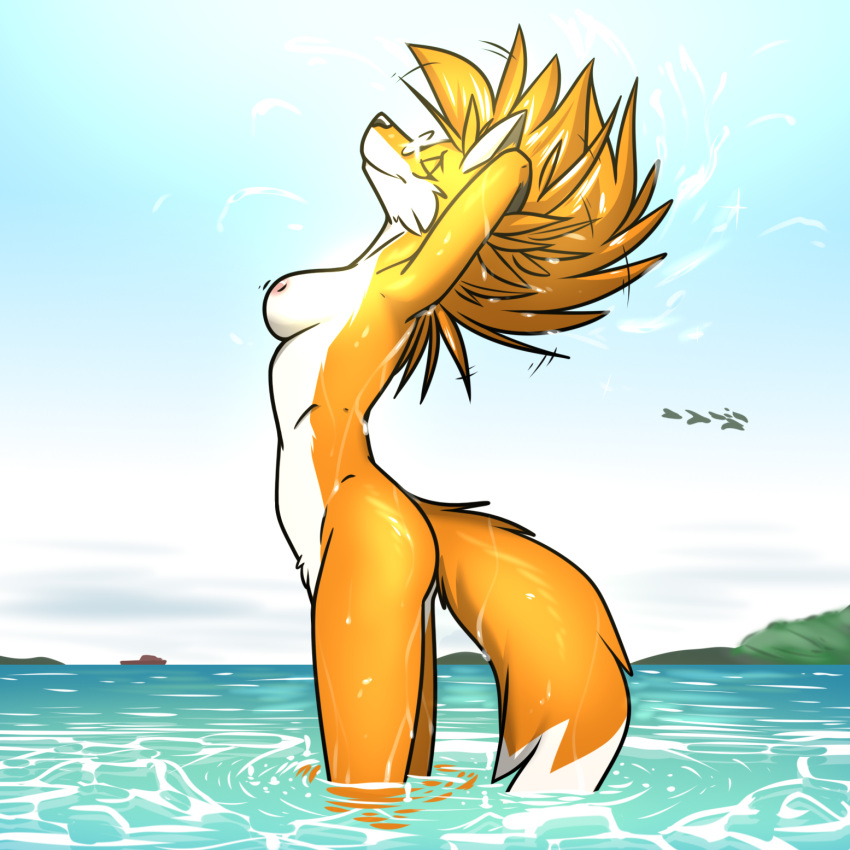 2023 amber_(mancoin) anthro avian beach biped bird black_nose breasts canid canine dipstick_limbs dipstick_tail eyebrows eyes_closed eyewear female fox foxyverse fur glasses hair hands_behind_head hi_res long_hair mammal markings multicolored_body multicolored_fur nipples nude nudist orange_body orange_fur portrait ryofox630 sea ship side_view skinny_dipping sky smile solo standing tail tail_markings three-quarter_portrait two_tone_body two_tone_fur vehicle water watercraft