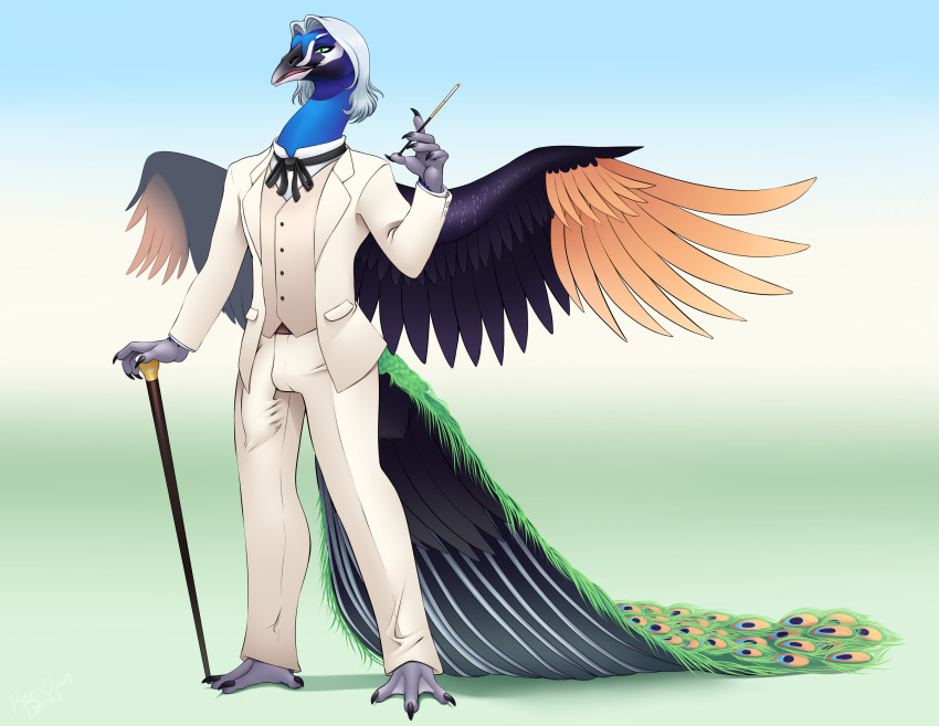 absurd_res avian bird blue_body blue_fur bulge cane cigarette cigarette_holder clothing emmett_stone fur galliform hi_res male peafowl phasianid revadiehard smoking solo spread_wings suit wings