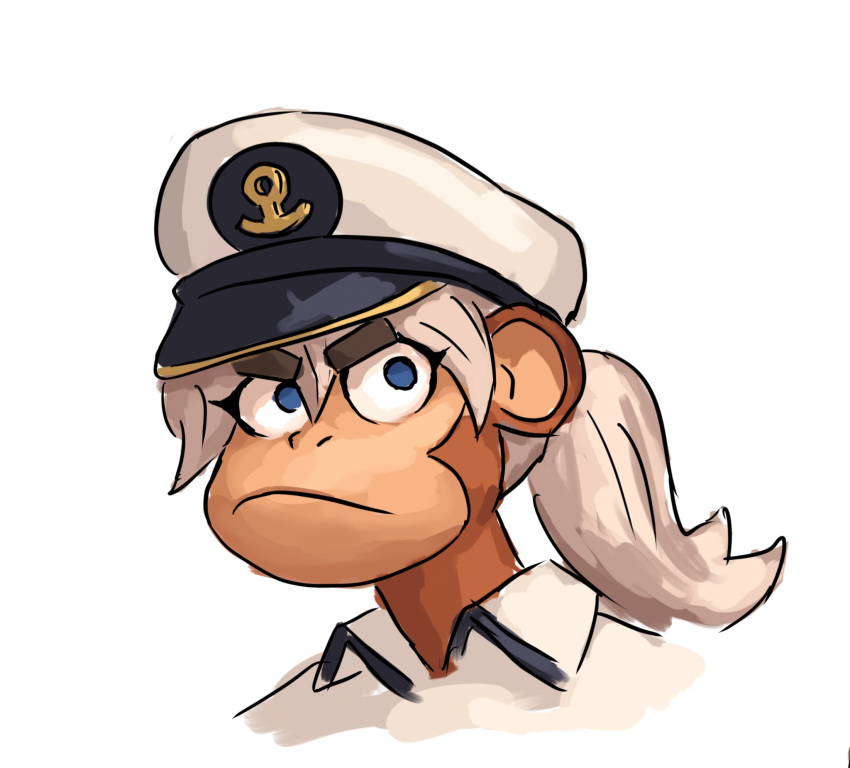 2024 admiral_brickell anthro bloons_tower_defense blue_eyes brown_body brown_fur captain_hat female fur hair haplorhine headshot_portrait hi_res mammal monkey navy_hat ninja_kiwi ponytail portrait primate redustheriotact simple_background solo white_background white_hair