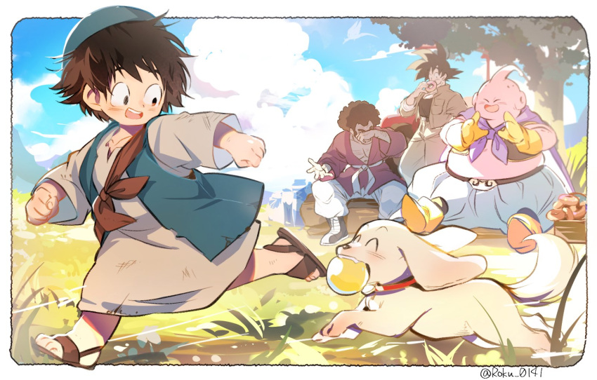 4boys afro animal animal_collar antennae ball basket bee_(dragon_ball) black_hair blue_sky boots cape cloud collar colored_skin commentary covering_own_eyes dog doughnut dougi dragon_ball dragon_ball_z fat_buu food gloves grass hat highres holding holding_food log majin_buu mr._satan multiple_boys outdoors pink_skin purple_cape roku_(roku_0141) sandals short_hair sitting sitting_on_log sky smile son_goku spiked_hair symbol-only_commentary tree twitter_username yellow_gloves