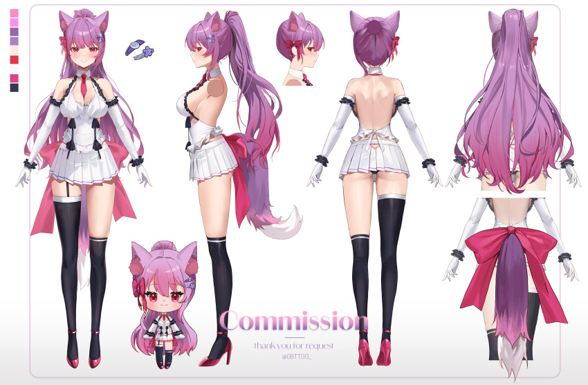 1girl animal_ears asymmetrical_legwear backless_shirt bare_back bare_shoulders between_breasts black_thighhighs bow breasts cccc2445 cleavage clothing_cutout color_guide commission elbow_gloves fox_ears fox_girl fox_tail frilled_shirt frills full_body garter_straps gloves gradient_hair grin hair_bow hair_ornament hairclip high_heels highres large_breasts long_hair looking_at_viewer median_furrow mini_person minigirl miniskirt multicolored_hair multiple_views necktie necktie_between_breasts original pink_bow pleated_skirt ponytail purple_hair red_eyes red_footwear reference_sheet shirt side_cutout sideboob single_garter_strap skirt sleeveless sleeveless_shirt smile standing tail thighhighs thighs very_long_hair white_gloves white_shirt white_skirt wing_collar zettai_ryouiki