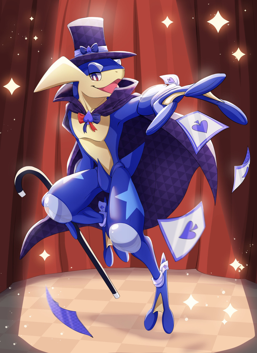 absurd_res amphibian anthro blue_body cane card clothed clothing donutella featureless_crotch feet front_view generation_6_pokemon greninja hi_res magician_hat magician_robe male membrane_(anatomy) nintendo partially_clothed performance playing_card pokemon pokemon_(species) smile solo stage stage_act stage_curtains stage_show toes webbed_feet