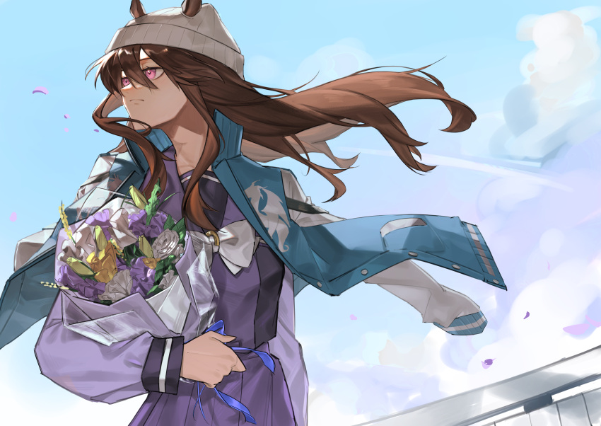 1girl absurdres animal_ears beanie blue_jacket blue_sky bouquet bow brown_hair ears_through_headwear hair_between_eyes hat highres holding holding_bouquet horse_ears horse_girl horseshoe_ornament jacket kodzukinagara long_hair long_sleeves looking_to_the_side nakayama_festa_(umamusume) open_clothes open_jacket petals purple_eyes purple_shirt sailor_collar sailor_shirt school_uniform shirt skirt sky solo tracen_school_uniform umamusume