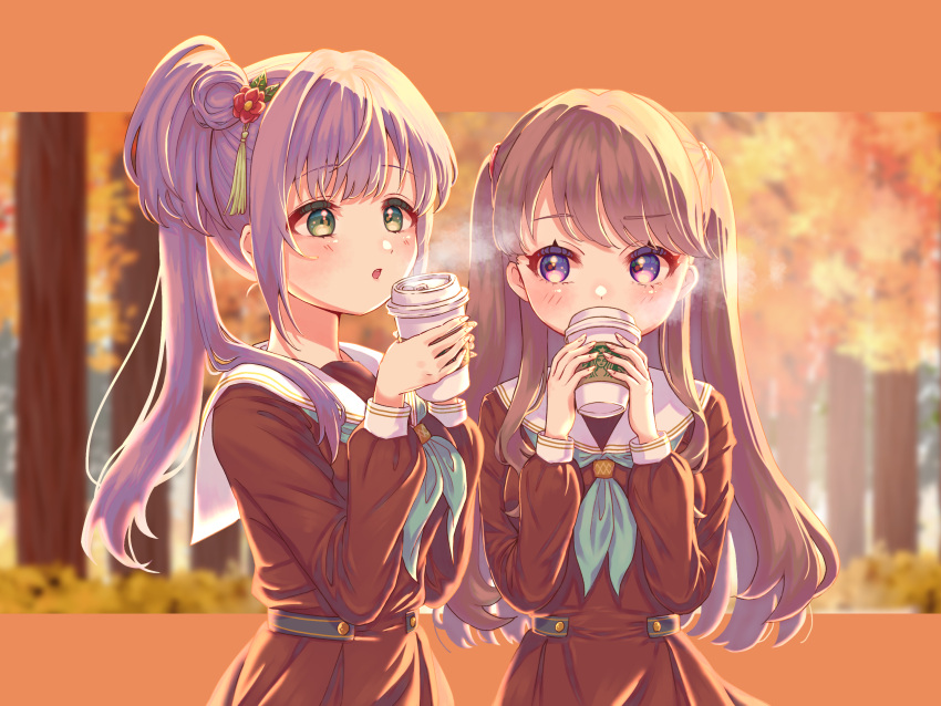 2girls aqua_neckerchief autumn blowing blowing_steam blurry blurry_background brown_dress brown_hair check_commentary coffee_cup commentary_request covered_mouth cup disposable_cup dress drinking flower fujishima_megumi green_eyes hair_bun hair_flower hair_ornament hasu_no_sora_school_uniform highres hiyori_(20hiyori727) holding holding_cup letterboxed link!_like!_love_live! lone_nape_hair long_hair long_sleeves looking_at_another looking_at_object love_live! multiple_girls neckerchief open_mouth otomune_kozue outside_border pleated_dress purple_eyes purple_hair raised_eyebrow red_flower sailor_collar sailor_dress school_uniform side_ponytail sidelighting sidelocks single_side_bun starbucks steam tree two_side_up upper_body virtual_youtuber white_sailor_collar winter_uniform