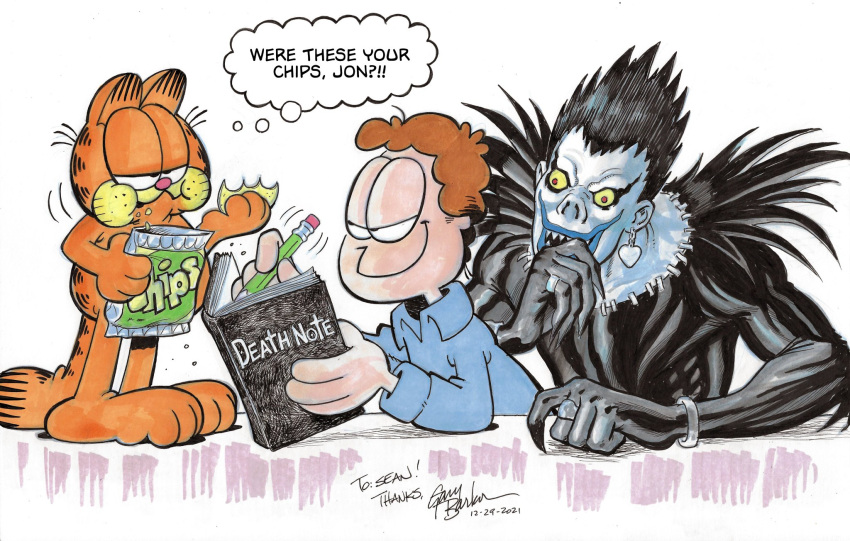 asian_mythology chips_(food) crossover death_note deity east_asian_mythology food garfield_(series) garfield_the_cat group hi_res human japanese_mythology jon_arbuckle male mammal mythology parody ryuk_(death_note) shinigami trio