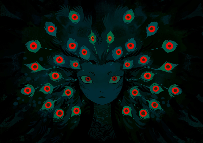1girl androgynous birdfrogdraws black_hair closed_mouth commentary english_commentary expressionless extra_eyes facial_hair feather_hair frown highres long_neck looking_at_viewer original peacock_feathers portrait red_eyes solo straight-on trypophobia widow's_peak