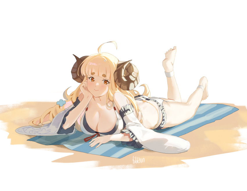 ahoge anila_(granblue_fantasy) anila_(summer)_(granblue_fantasy) bikini curled_horns draph feet_up fikkyun granblue_fantasy highres hikimayu horns layered_bikini leg_ribbon lying official_alternate_costume on_stomach ribbon ribbon-trimmed_bikini sheep_horns short_eyebrows swimsuit the_pose thick_eyebrows thigh_ribbon white_bikini