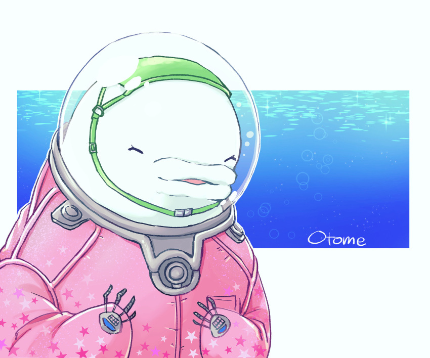 1girl beluga_whale blue_background bodysuit cappuccino1 character_name closed_eyes gnosia happy helmet highres looking_at_viewer otome_(gnosia) red_eyes simple_background smile space_helmet spacesuit two-tone_background white_background