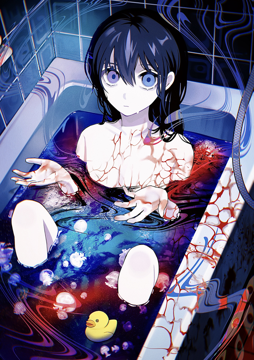 1girl absurdres ambiguous_red_liquid bathtub blue_eyes blue_hair blue_theme chromatic_aberration closed_mouth distortion expressionless highres looking_at_viewer original pale_skin partially_submerged red_theme ringed_eyes rubber_duck sakuma_kou solo tile_wall tiles water