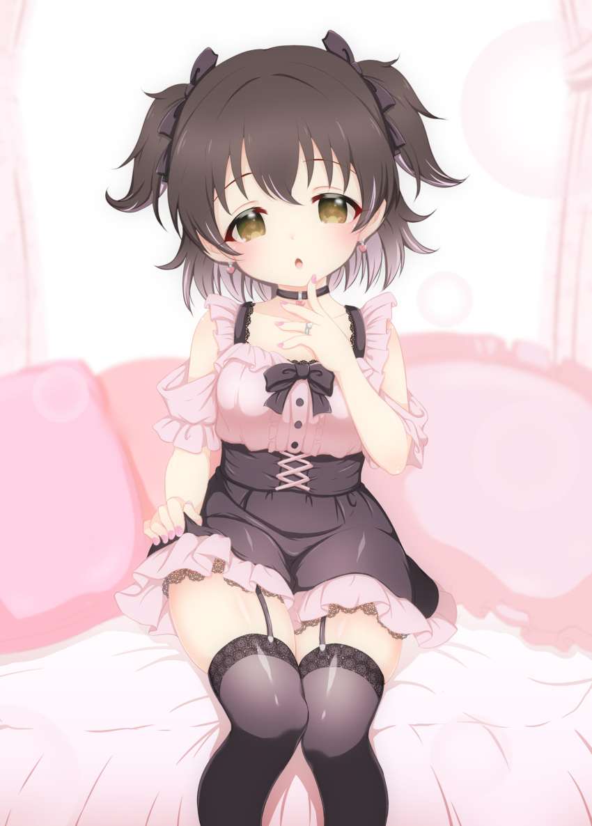 1girl akagi_miria black_choker black_hair black_skirt black_thighhighs blush brown_eyes choker earrings garter_belt garter_straps highres hosizora_mikoto idolmaster idolmaster_cinderella_girls jewelry jirai_kei lace-trimmed_thighhighs looking_at_viewer nail_polish open_mouth pink_nails pink_shirt shirt short_hair sitting skirt solo thighhighs two_side_up