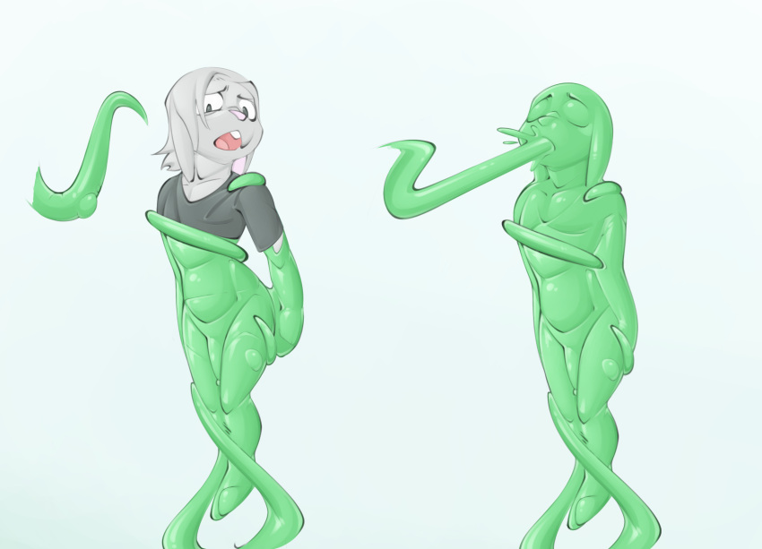 anthro assimilation azure_(azzybunn) azzybunn bound bulge dissolving_clothing encasement goo_transformation green_body grey_body hi_res lagomorph leporid looking_pleasured male mammal open_mouth oral oral_penetration penetration rabbit simple_background solo suspension tentacle_in_mouth tentacle_penetration tentacles transformation transformation_sequence trapped worried