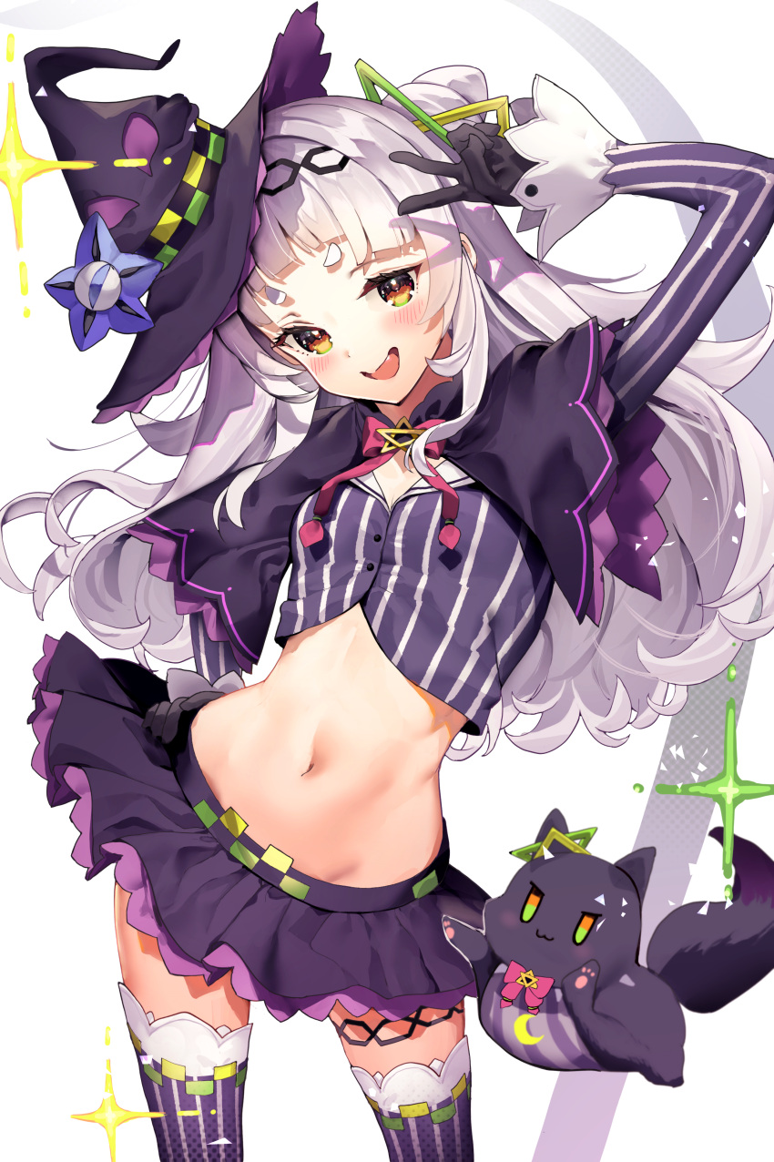 1girl :d absurdres arched_bangs black_capelet black_gloves black_hat black_skirt blush bow bowtie breasts capelet cleavage cone_hair_bun crop_top fang gloves grey_hair hair_bun hair_ornament hairband half_updo haruhina_purple hat highres hololive long_hair long_sleeves lowleg lowleg_skirt microskirt midriff murasaki_shion murasaki_shion_(1st_costume) navel open_mouth pentagram pink_bow pink_bowtie pinstripe_pattern pinstripe_shirt purple_capelet purple_shirt purple_thighhighs shiokko_(murasaki_shion) shirt short_eyebrows side_up_bun sidelocks single_side_bun skirt small_breasts smile sparks stomach striped_clothes striped_shirt striped_thighhighs thighhighs thighlet tilted_headwear tongue v vertical-striped_clothes vertical-striped_shirt vertical-striped_thighhighs virtual_youtuber white_background wide_hips witch_hat yellow_eyes