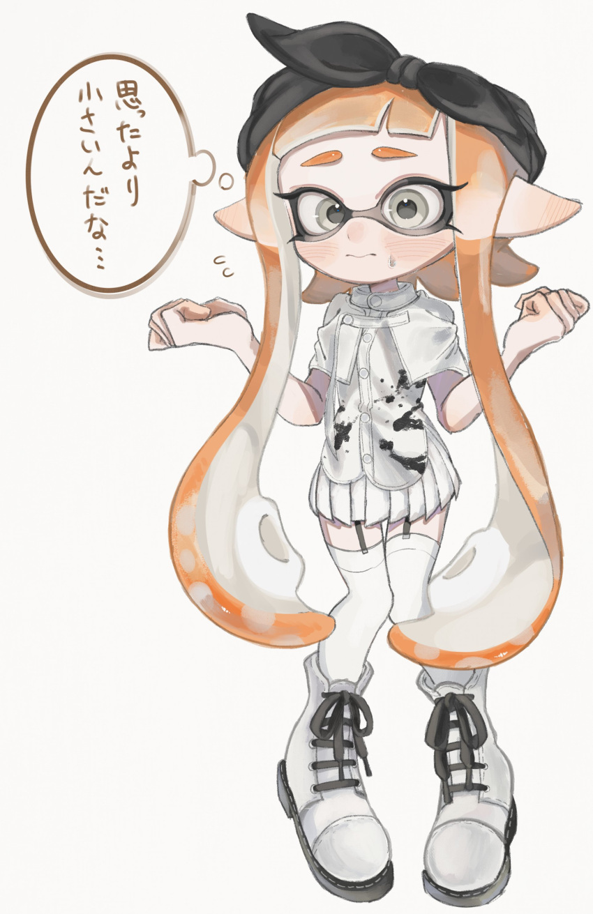 1girl absurdres arms_up black_bow black_hairband blush boots bow bow_hairband closed_mouth cross-laced_footwear eyelashes full_body garter_straps grey_eyes hairband highres inkling inkling_girl inkling_player_character lemo_(lemo_4) long_hair orange_hair pointy_ears simple_background solo splatoon_(series) standing tentacle_hair thighhighs thought_bubble translated very_long_hair white_background white_footwear white_thighhighs