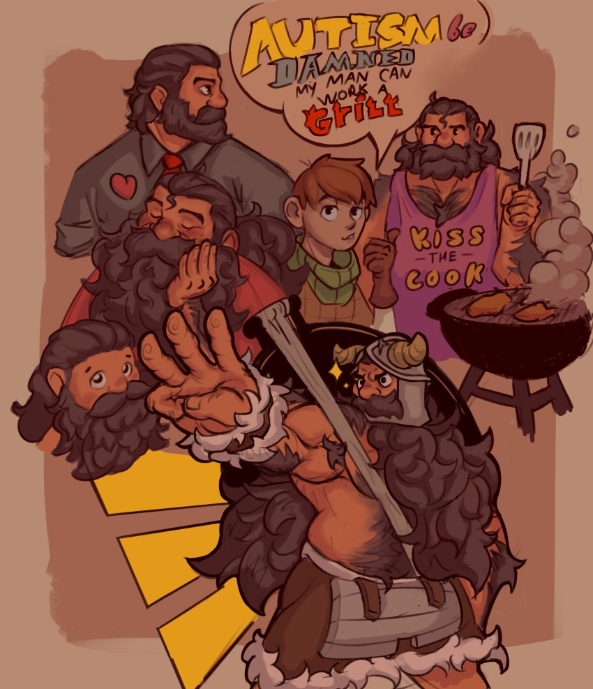 2boys apron armpit_hair armpit_hair_peek autism bara beard beard_over_mouth belly blush body_fur brown_hair chilchuck_tims cooking dungeon_meshi dwarf eugenecollymore expressions facial_hair fake_horns finger_counting foreshortening hairy heart helmet highres horned_helmet horns kiss_the_cook long_beard looking_ahead looking_to_the_side male_focus multiple_boys muscular muscular_male naked_apron official_alternate_costume official_alternate_hairstyle pectoral_cleavage pectorals plump senshi_(dungeon_meshi) senshi_(half-foot)_(dungeon_meshi) solo sparkle thick_arm_hair thick_chest_hair thick_mustache thick_navel_hair topless_male very_hairy very_long_beard