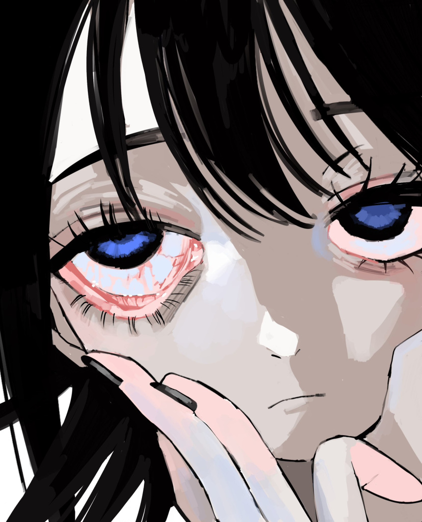 1girl black_hair black_nails blue_eyes close-up closed_mouth eyelashes eyelid_pull hand_on_own_cheek hand_on_own_face highres looking_at_viewer nail_polish original portrait rolling_eyes solo urokogaran