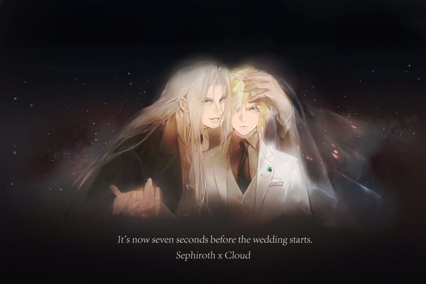 2boys black_jacket black_necktie black_suit blonde_hair blue_eyes bridal_veil brooch brown_shirt character_name chinese_commentary cloud_strife collared_shirt commentary_request couple cropped_torso dress_shirt english_text final_fantasy final_fantasy_vii final_fantasy_vii_remake gem green_eyes green_gemstone grey_hair hand_on_another's_head hands_up highres holding_hands jacket jewelry leaning_forward long_bangs long_hair looking_at_viewer lydiaaa male_focus multiple_boys necktie night night_sky parted_bangs parted_lips sephiroth serious shirt short_hair sky slit_pupils smile space standing suit suit_jacket upper_body veil vest wedding white_suit white_vest yaoi