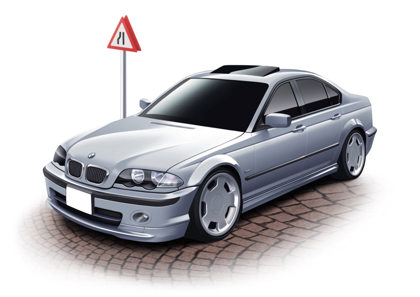 absurdres bmw bmw_3_series car commission grey_car highres making-of_available motor_vehicle no_humans original photo-referenced road_sign second-party_source sh1m4o shadow sign vehicle_focus