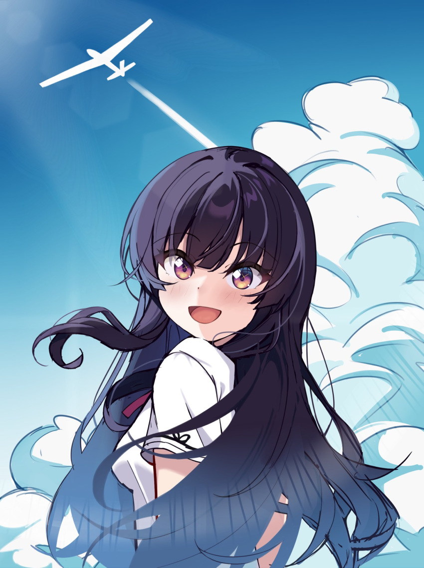 1girl :d aircraft black_hair blue_sky blunt_bangs blush commentary_request day eyelashes floating_hair from_behind glider habane_kotori happy highres kono_oozora_ni_tsubasa_wo_hirogete long_hair looking_at_viewer looking_back open_mouth outdoors purple_eyes ray_(rays_26) school_uniform shirt short_sleeves sidelocks sky smile solo sunlight tsurime upper_body white_shirt