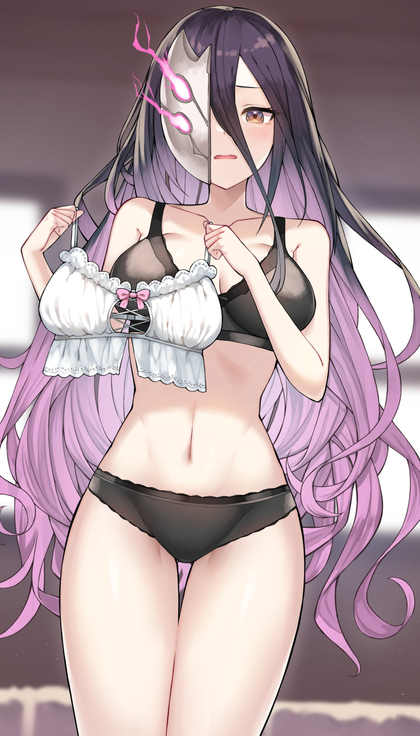 1girl absurdres bra covering_one_eye cowboy_shot gradient_hair granblue_fantasy half_mask highres lingerie mask multicolored_hair purple_hair rosamia_(granblue_fantasy) underwear white_bra yamato_(muchuu_paradigm)