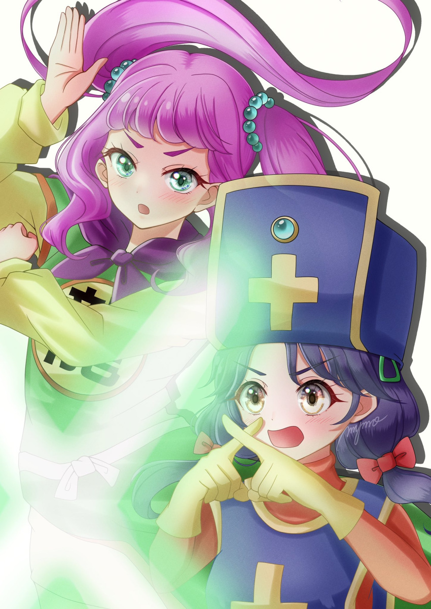 2girls artist_name black_eyes blue_eyes blue_hair blue_hat blue_tunic bodysuit bow commentary cosplay crossed_fingers dragon_quest dragon_quest_iii fighter_(dq3) fighter_(dq3)_(cosplay) fighting_stance frown gloves green_tunic hair_bobbles hair_bow hair_ornament hairclip hat highres laura_la_mer long_hair long_sleeves looking_at_viewer looking_to_the_side low_twintails mitre multiple_girls mymo0527 open_mouth precure priest_(dq3) priest_(dq3)_(cosplay) purple_bandana purple_hair red_bodysuit red_bow shadow signature standing suzumura_sango tropical-rouge!_precure twintails yellow_gloves