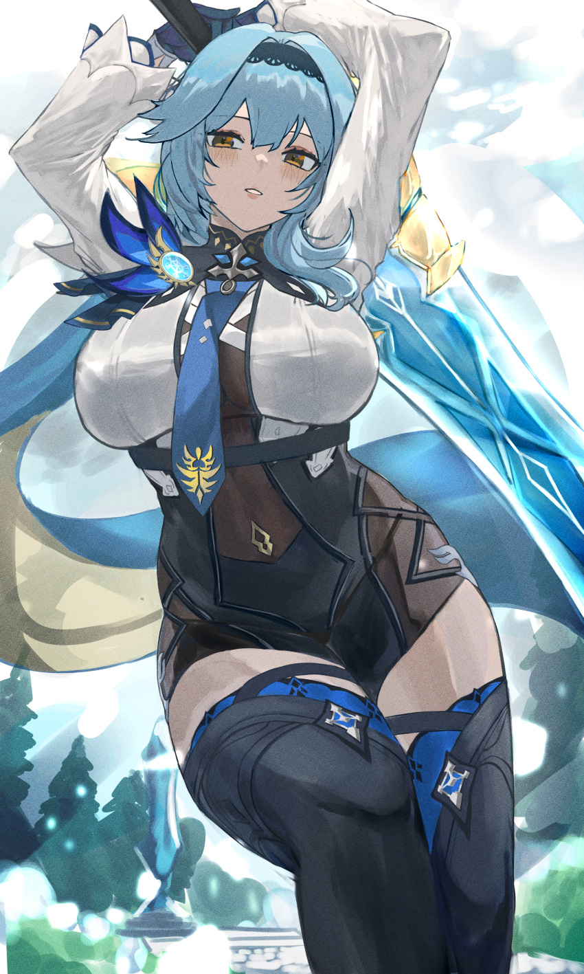 1girl absurdres arms_up belt black_gloves black_hairband black_leotard black_thighhighs blue_cape blue_hair breasts brown_eyes cape eula_(genshin_impact) genshin_impact gloves greatsword hair_ornament hairband highres large_breasts leotard long_sleeves looking_at_viewer medium_hair necktie nuo_(fttv3255) shirt sidelocks solo song_of_broken_pines_(genshin_impact) sword thighhighs thighs underbust vision_(genshin_impact) weapon white_shirt