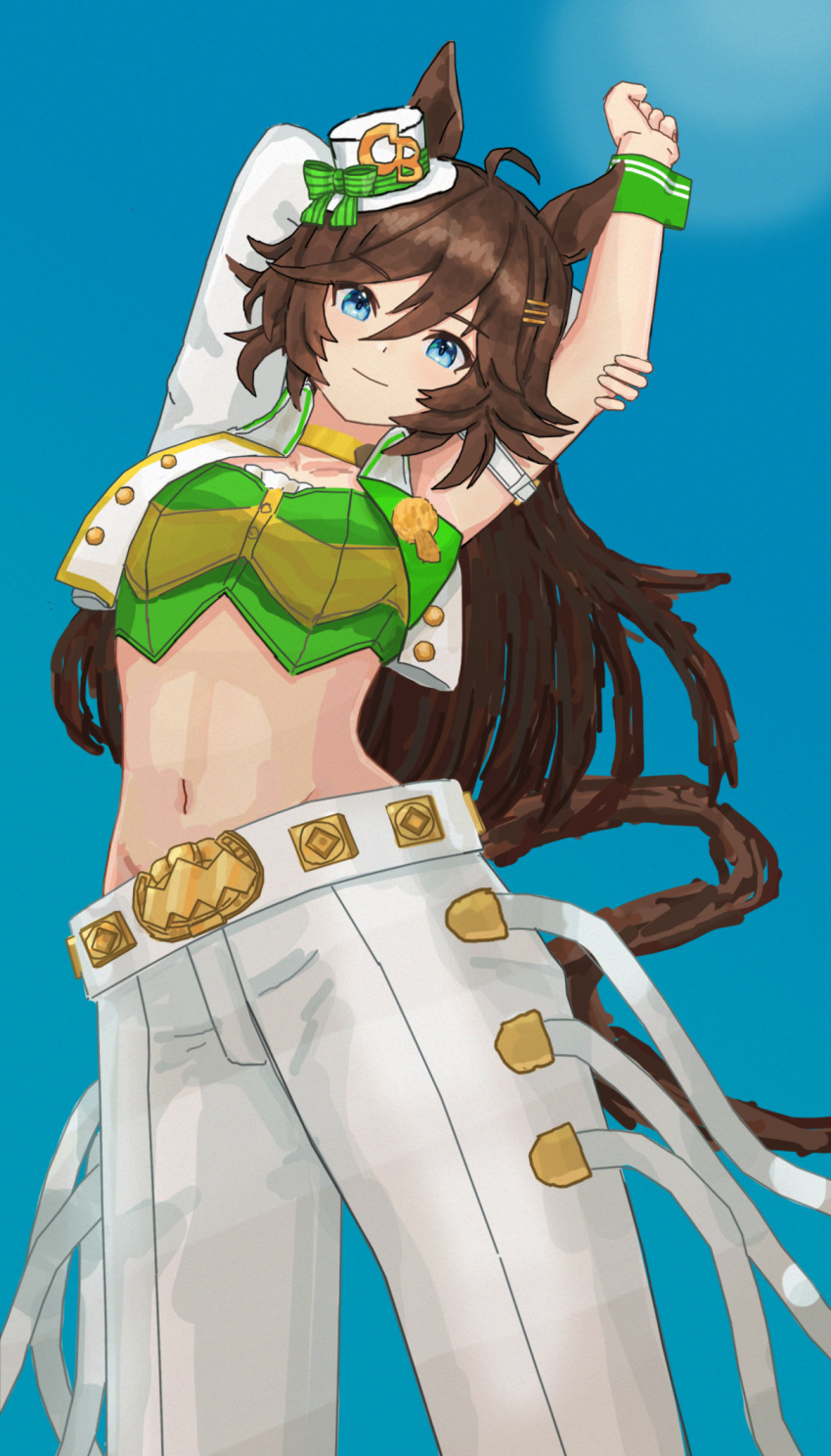 1girl animal_ears arm_strap atyattyan blue_background blush bow breasts brown_hair choker commentary_request crop_top giorno_giovanna's_pose_(jojo) green_bow green_eyes green_shirt grin groin hair_between_eyes hat hat_bow highres horse_ears horse_girl jacket jojo_pose long_hair long_sleeves looking_at_viewer medium_breasts midriff mini_hat mini_top_hat mr._c.b._(umamusume) navel open_clothes open_jacket outside_border pants shirt simple_background single_bare_shoulder single_sleeve smile solo stomach strapless strapless_shirt tail top_hat umamusume very_long_hair white_hat white_jacket white_pants wrist_cuffs yellow_choker