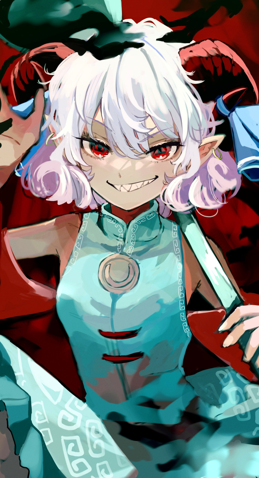 1girl absurdres bare_shoulders blue_dress breasts commentary_request curly_hair dress frilled_dress frills grin highres holding_utensil horns mandarin_collar pointy_ears red_eyes red_horns red_sleeves sharp_teeth sheep_horns short_hair small_breasts smile solo suzuno_woto teeth touhou toutetsu_yuuma upper_body white_hair wide_sleeves