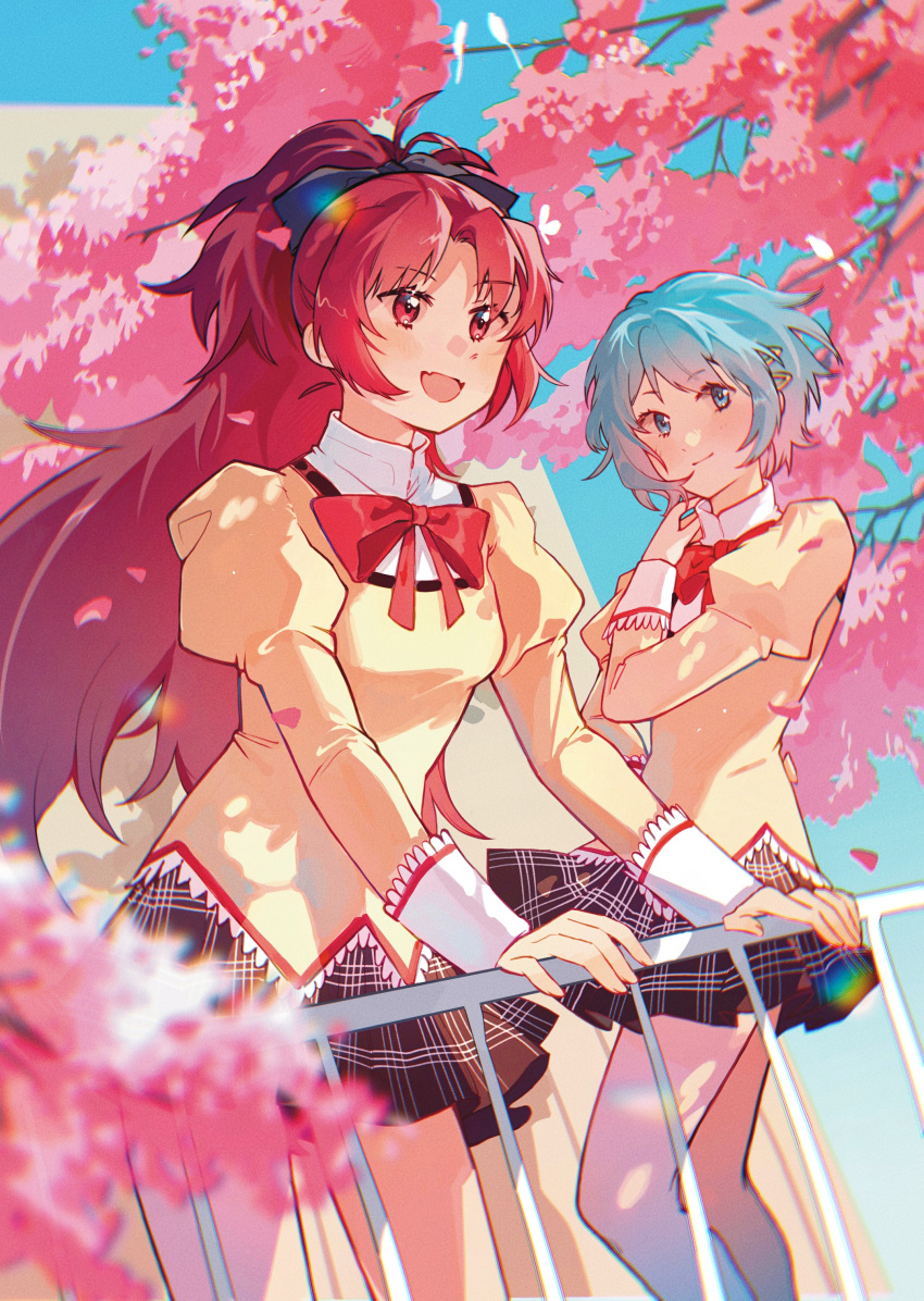 2girls :d absurdres black_skirt blue_eyes blue_hair blue_sky blurry blurry_foreground bow bowtie cherry_blossoms collared_jacket day falling_petals feet_out_of_frame from_side hair_bow hair_ornament hairclip hand_on_own_shoulder highres jacket juliet_sleeves long_hair long_sleeves looking_ahead mahou_shoujo_madoka_magica mahou_shoujo_madoka_magica_(anime) miki_sayaka mitakihara_school_uniform multiple_girls open_mouth outdoors petals plaid plaid_skirt ponytail puffy_sleeves railing red_bow red_bowtie red_eyes red_hair sakura_kyoko school_uniform short_hair skirt sky smile standing yellow_jacket ziyin