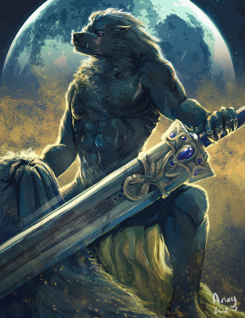 absurd_res anthro anxiouslynx blaidd_(elden_ring) body_hair canid canine canis digital_media_(artwork) elden_ring fangs fromsoftware fur hair hi_res holding_object looking_at_viewer male mammal melee_weapon muscular muscular_anthro muscular_male nude scar solo sword tasteful_nudity teeth weapon wolf