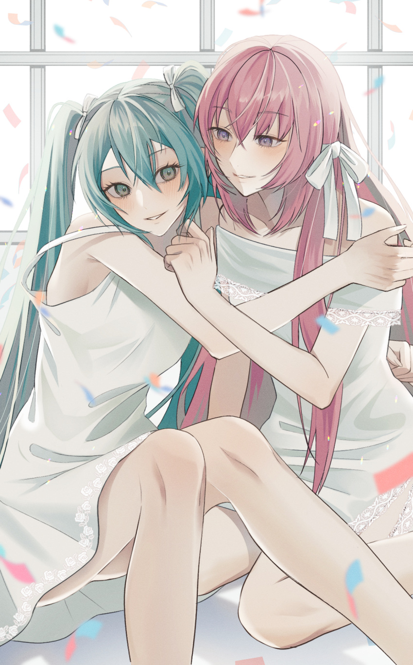 2girls alternate_costume aqua_hair bare_shoulders blue_eyes blush crossed_bangs dress green_eyes hair_between_eyes hair_ribbon hatsune_miku highres kneeling long_hair looking_at_another megurine_luka micca multiple_girls off_shoulder pink_hair ribbon sitting teeth thighs twintails very_long_hair vocaloid white_dress white_ribbon