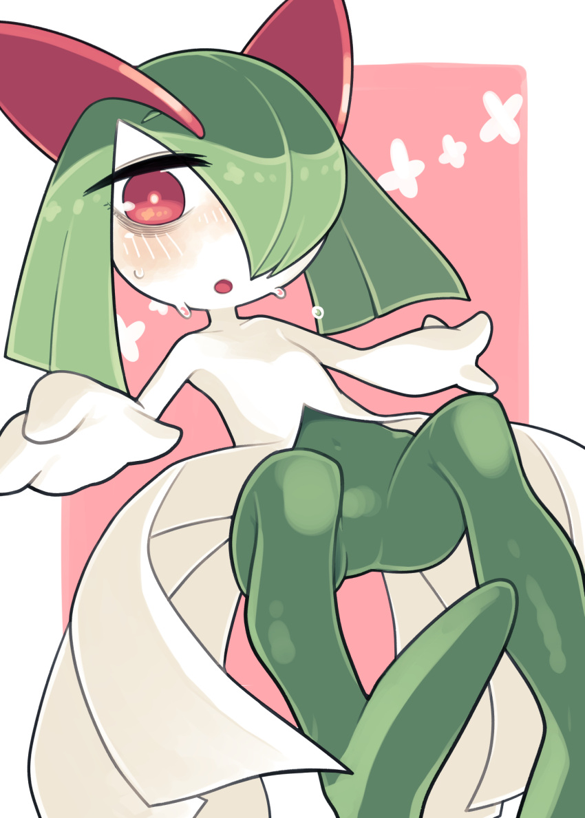 bags_under_eyes blush colored_skin green_hair hair_over_one_eye highres horns ino_(tellu0120) kirlia looking_at_viewer looking_down multicolored_skin open_mouth pink_background pink_eyes pokemon pokemon_(creature) sidelocks simple_background sweat two-tone_skin white_skin