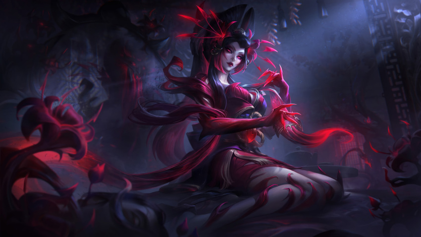 1girl absurdres artist_request blood_moon_zyra_(league_of_legends) claws copyright_request flower highres league_of_legends light_rays makeup red_eyes rose sitting spider_lily tagme zyra