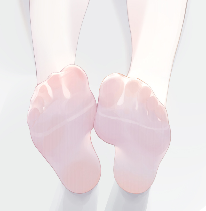 1girl commentary feet feet_only foot_focus grey_background highres lower_body no_shoes original saw272 simple_background soles solo symbol-only_commentary thighhighs toes white_thighhighs