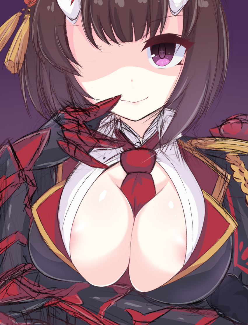 1girl absurdres areola_slip arm_guards arm_under_breasts between_breasts black_jacket blunt_bangs bob_cut breast_hold breasts brown_hair cleavage cross-shaped_pupils demon_girl demon_horns eriko_(commander)_(princess_connect!) eriko_(princess_connect!) hand_to_own_mouth hand_up highres horns inverted_bob jacket kuroha_koudai large_breasts looking_at_viewer necktie necktie_between_breasts partially_unbuttoned princess_connect! purple_background purple_eyes red_necktie shaded_face shirt short_hair sketch smile solo symbol-shaped_pupils white_shirt