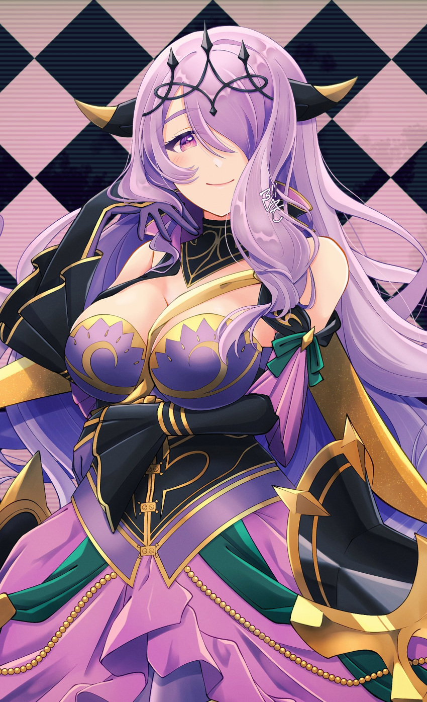 1girl armor breasts camilla_(alluring_darkness)_(fire_emblem) camilla_(fire_emblem) cleavage crown dlllll_lllllb dress fake_horns fire_emblem fire_emblem_fates fire_emblem_heroes frills gloves hair_over_one_eye highres horns large_breasts long_hair looking_at_viewer official_alternate_costume purple_dress purple_eyes purple_gloves purple_hair smile solo tiara very_long_hair wavy_hair