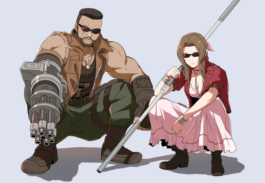 1boy 1girl aerith_gainsborough arm_cannon barret_wallace biceps black_hair boots bracelet brown_hair dark-skinned_male dark_skin dog_tags dress final_fantasy final_fantasy_vii final_fantasy_vii_rebirth final_fantasy_vii_remake fingerless_gloves gatling_gun gloves highres holding holding_staff igusaharu jacket jewelry mage_staff pink_dress red_jacket scar scar_on_face squatting staff sunglasses torn_clothes torn_sleeves vest weapon