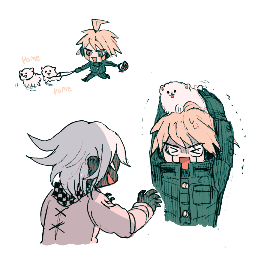 &gt;_&lt; 2boys absurdres ahoge android animal animal_on_head arm_belt basket belt black_scarf blonde_hair checkered_clothes checkered_scarf chibi commentary_request cropped_torso cross-laced_jacket danganronpa_(series) danganronpa_v3:_killing_harmony dog dog_on_head full_body grey_eyes highres holding holding_animal holding_basket holding_dog holding_leash jacket k1-b0 leash male_focus motion_lines multiple_boys multiple_views oma_kokichi on_head open_mouth outstretched_arms pet_walking pomeranian_(dog) romaji_text sarami_(sa_rami30) scared scarf shaded_face short_hair simple_background smile trembling two-tone_scarf white_background white_belt white_dog white_hair white_jacket white_scarf