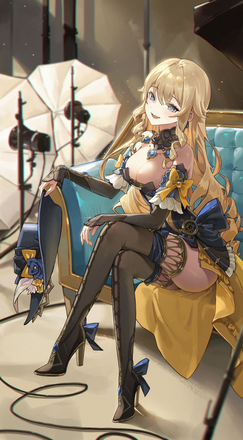 1girl absurdres black_footwear blue_eyes blush breasts brown_hair cleavage couch crossed_legs detached_sleeves genshin_impact hat highres holding holding_clothes holding_hat large_breasts long_hair navia_(genshin_impact) on_couch revision sitting smile solo sssong_aa studio_lights thigh_strap very_long_hair