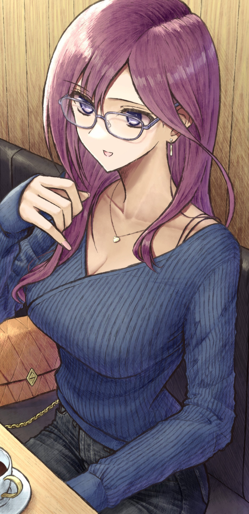 1girl absurdres aramachi bag blue_shirt breasts cleavage coffee coffee_cup collarbone cup denim disposable_cup glasses grey-framed_eyewear handbag highres idolmaster idolmaster_cinderella_girls jeans long_sleeves looking_ahead medium_breasts pants purple_eyes purple_hair ribbed_shirt shirt sitting solo yagami_makino