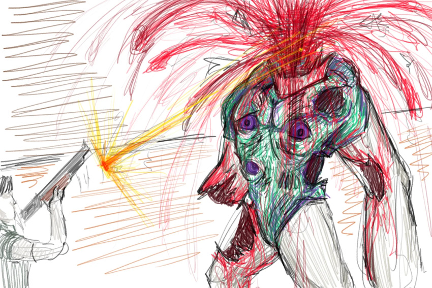 2024 3_eyes battle black_hair blood blood_on_arm blood_on_leg blood_splatter bodily_fluids clothing colored colored_sketch death duo fear_and_hunger giant_(fear_and_hunger) gore green_body green_clothing green_overalls gun hair head_explosion holding_gun holding_object holding_ranged_weapon holding_rifle holding_weapon human humanoid levi_(fear_and_hunger) male mammal marcoh_(fear_and_hunger) missing_arm monster monstrous_humanoid moonscorched multi_eye open_wound overalls purple_eyes ranged_weapon scar shooting shooting_gun short_hair simple_background sketch the_can_master traditional_media_(artwork) unusual_anatomy weapon white_body white_skin