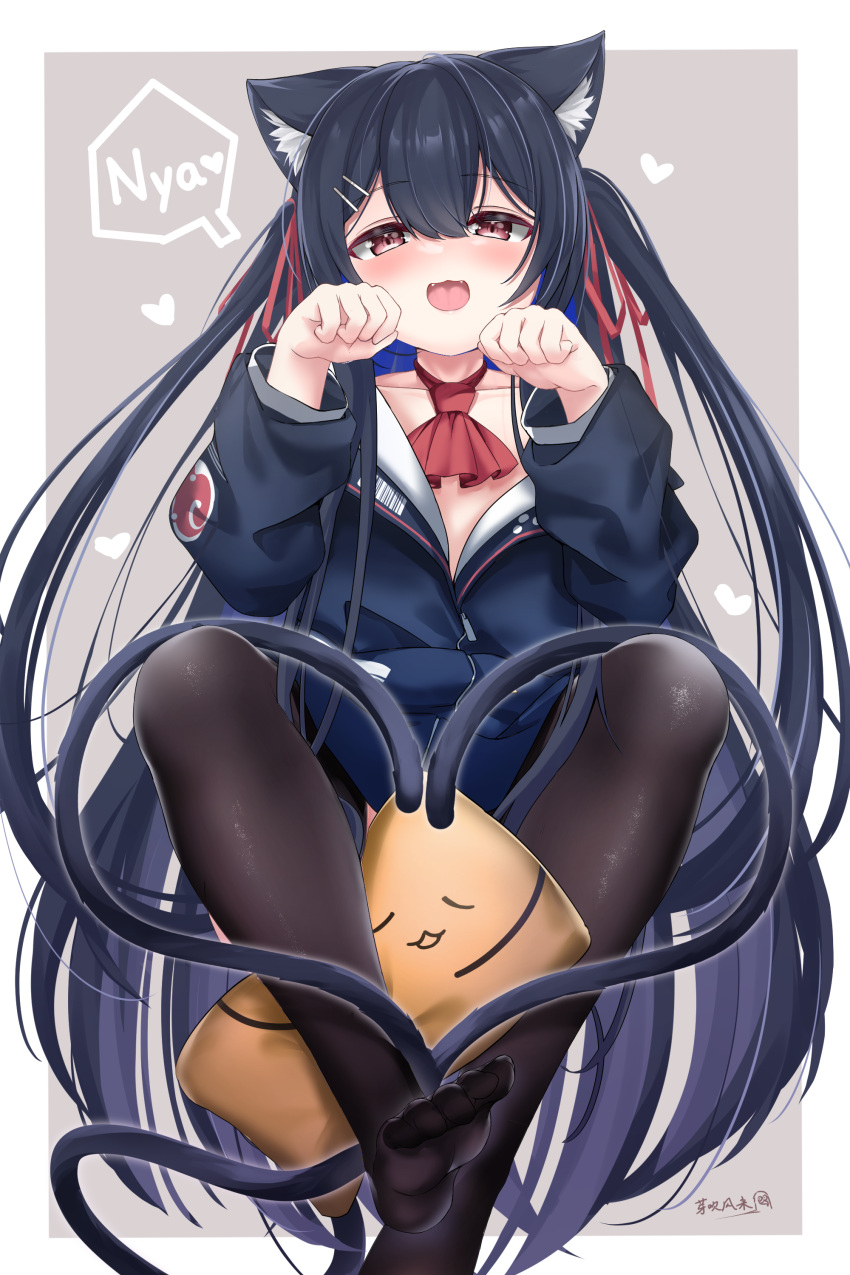 1girl :d absurdres animal_ear_fluff animal_ears ascot black_hair black_thighhighs blue_hair blue_jacket cat_ears cat_girl cat_tail chisuzu_mei chucolala colored_inner_hair fangs highres jacket long_hair long_sleeves looking_at_viewer multicolored_hair multiple_tails no_pants nyan off_shoulder open_mouth partially_unzipped paw_pose smile tail thighhighs two_side_up two_tails very_long_hair virtual_youtuber ya_chuifeng_lai