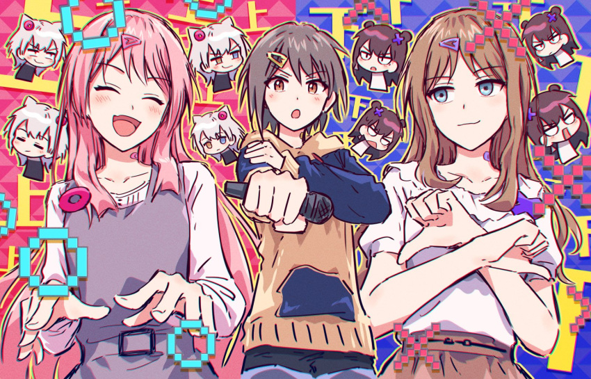 5girls ^_^ angry animal_ears bang_dream! bang_dream!_it's_mygo!!!!! blue_eyes blue_hoodie blush brown_eyes brown_hair brown_hoodie brown_skirt cat_ears cat_girl chihaya_anon chromatic_aberration closed_eyes closed_mouth cross_hair_ornament dress fang furukawa_wanosuke grey_dress grey_hair hair_ornament hairclip heterochromia highres holding holding_microphone hood hoodie kaname_raana long_hair long_sleeves microphone mole mole_under_eye multiple_girls mygo!!!!!_(bang_dream!) nagasaki_soyo open_mouth pinafore_dress pink_hair puffy_short_sleeves puffy_sleeves shiina_taki shirt short_hair short_sleeves sidelocks skin_fang skirt sleeveless sleeveless_dress takamatsu_tomori white_hair white_shirt yellow_eyes